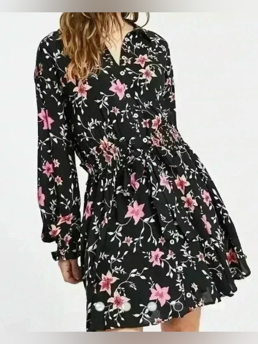 Free People Lighten Up Black Floral Long Sleeve Mini Dress Elastic Waist Sz L